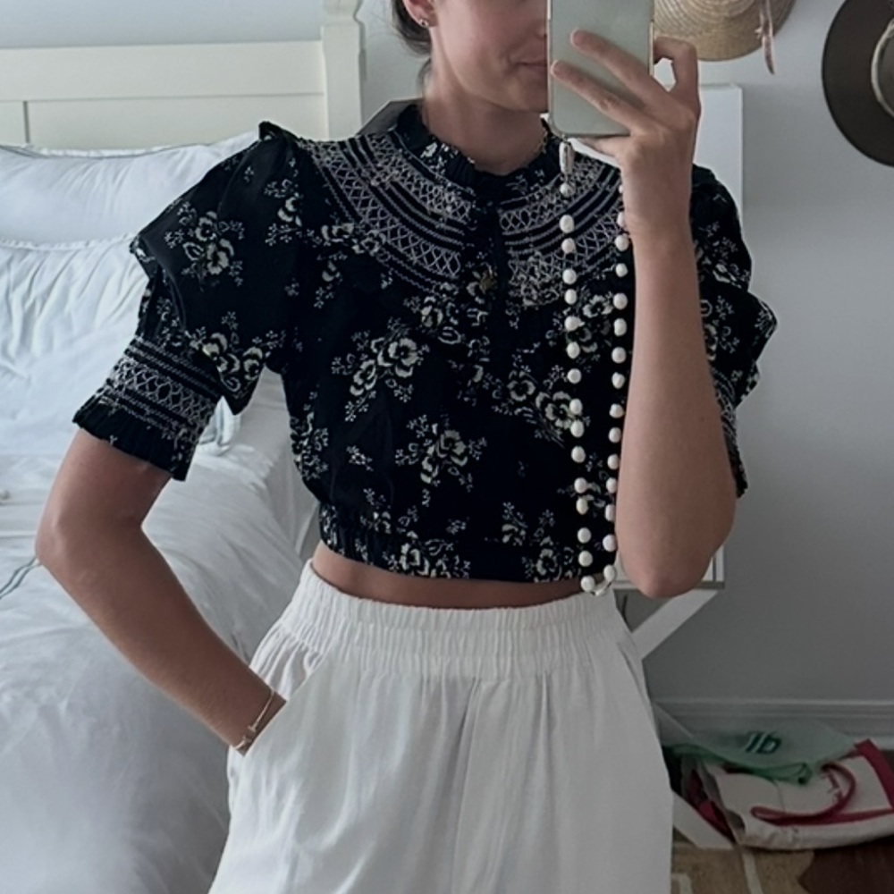 Sea New York Navy Floral Embroidered Smocked Crop Top